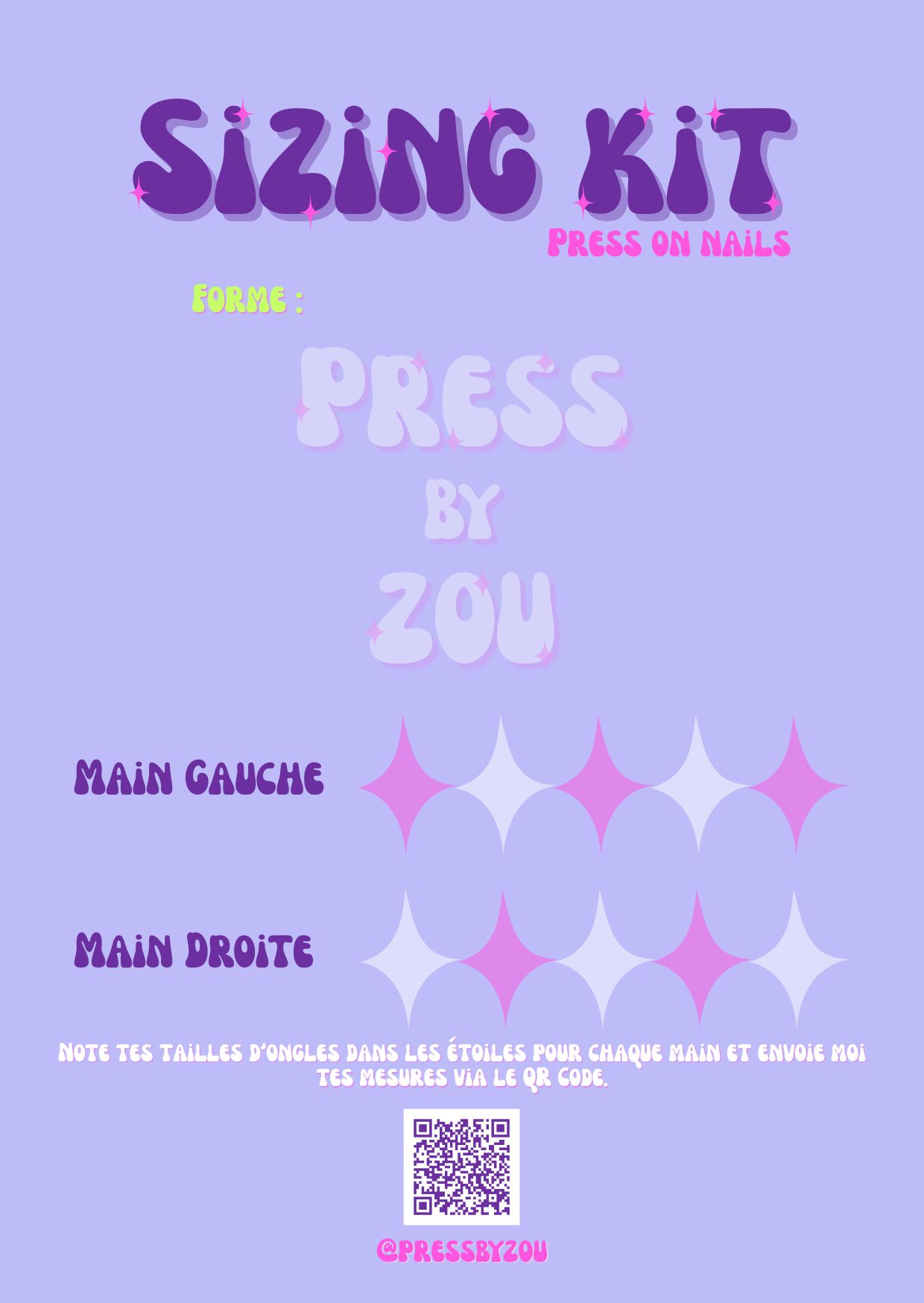 Carte du sizing kit Press By Zou